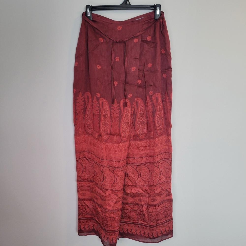 Anne Klein Skirt Women's Size 4 Red Bohemian Paisley Maxi Linen Silk
